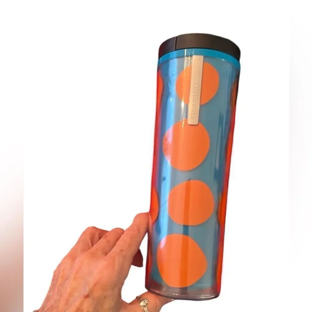 NWT Starbucks 2013 16oz turquoise w/orange pumpkins travel mug w/black slide top